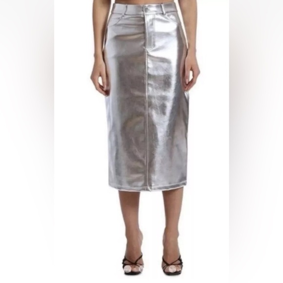 7 For All Mankind Women's Silver Metallic Midi Pencil Skirt Size XS - NWT - Picture 1 of 16